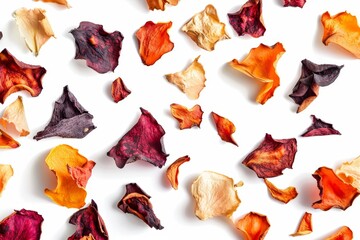 Dehydrated veggie chips on white backdrop