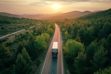 Obraz premium Delivery car driving on rural asphalt road at sunset near forest