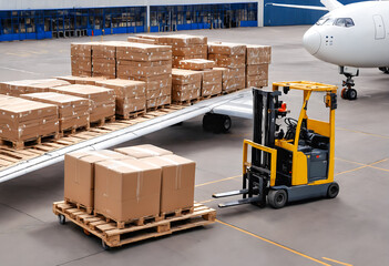 Naklejka premium Loading cargo on plane in airport. Delivery by air