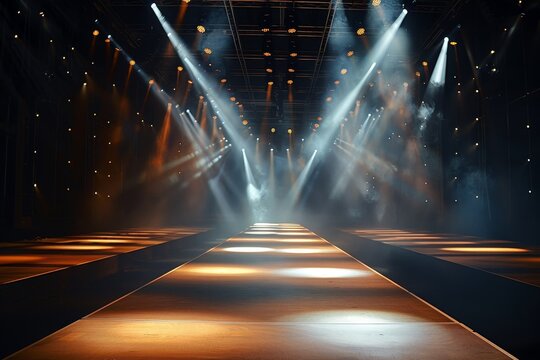Fashion show runway with moving beam lighting background stage ramp