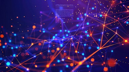 Royal blue dots connected by bright orange lines on a deep purple background, with a text area in the upper center