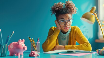 High school student in a classroom, desk displaying a workbook, pencils, and a piggy bank against a blue background. Generative AI