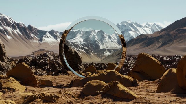 Circular mirror reflecting Chile's Atacama Desert mountains, yellow Herning windbreaker jacket with black details, brown rocks, captured with Hasselblad