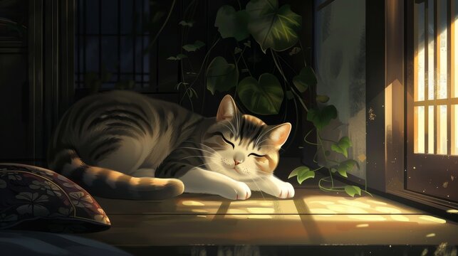 Dramatic full-length shot of cute cat in Japanese manga style.