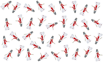Minimalist gift wrapping paper pattern. Christmas, winter theme. A snowman with a red knitted...
