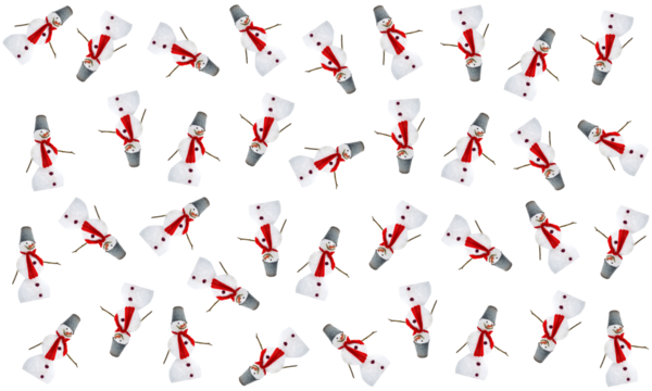 Minimalist gift wrapping paper pattern. Christmas, winter theme. A snowman with a red knitted scarf, a bucket on his head, a carrot nose. Dynamic composition, repetition. Image manipulation. PNG