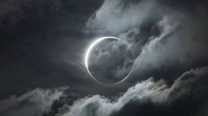 Total solar eclipse with clouds, thin white ring, dark grey sky, and sun shining through a halo. Bright, transparent outline above black cloud.
