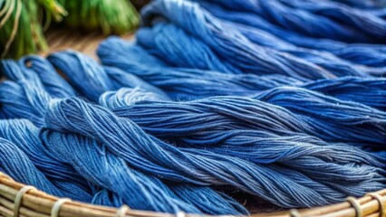Indigo Dyeing Close-up of Blue Cotton Yarn in a Basket, indigo dye, natural dye, cotton yarn, textile