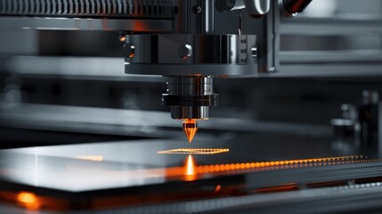 Close-Up of Precision Laser Cutting Machine in Action with orange glowing light. generative AI