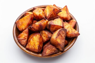 Fried cassava root viewed from above on a white background