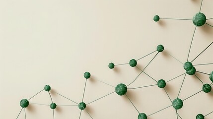 Obraz premium Sage green dots linked by forest green threads on a pale beige background, text space in the upper center