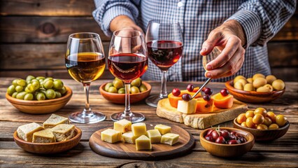 Fototapeta premium Man's Hand Reaching for Cheese with Wine and Fruit, Rustic Table, Wooden Bowls, Wine Tasting, Cheese Pairing, Red and White Wine, Fruit Platter