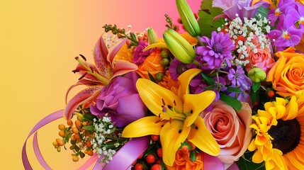 Obraz premium Colorful wedding bouquet with lilies, sunflowers, roses, baby's breath, and ribbon on solid background