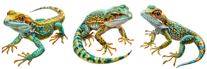 Obraz premium Set of Macro photograph capturing the intricate textures and colors of a green lizard's scales isolated on tranparent background