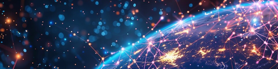 Obraz premium Global Communication Network Illustration: Vibrant Digital Nodes and Pathways Emphasizing Seamless Data Exchange Worldwide