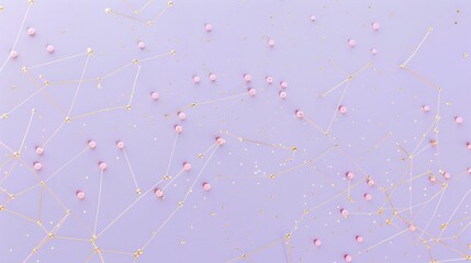 Fototapeta premium Soft pastel pink dots linked by gold, thin lines on a muted lavender canvas, text area focused in the upper center