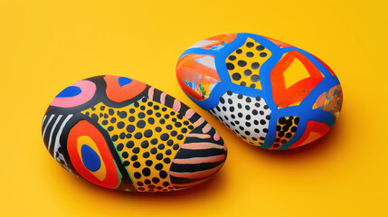 Two pebbles with vibrant, bold patterns featuring abstract shapes and polka dots set against a bright yellow background, creating a visually striking composition.