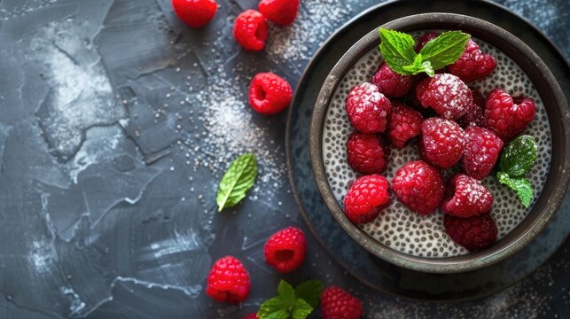 Vegan vanilla chia pudding with raspberries and mint for a wholesome breakfast
