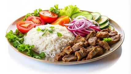 Plate of White Rice, Roasted Meat, and Fresh Vegetables, meal , cuisine , dinner, food