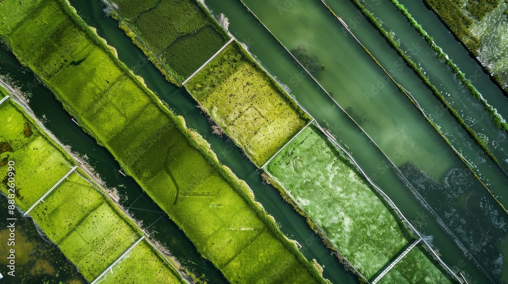 Poster a green field with a waterway running through it