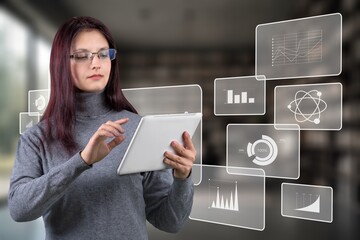 Young analyst worker browsing infographics