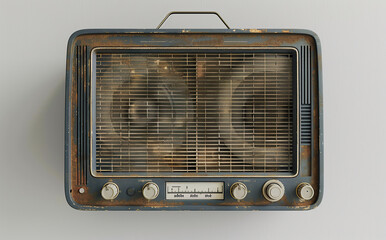 Vintage rusted old radio on white background