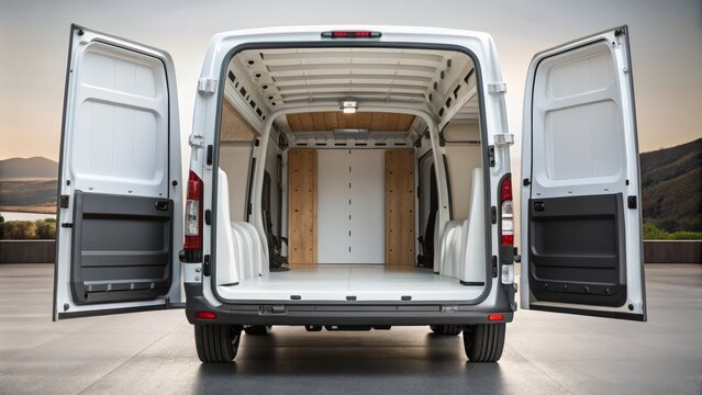 Rear View of a White Cargo Van with Open Doors, cargo van, van, commercial vehicle, transportation