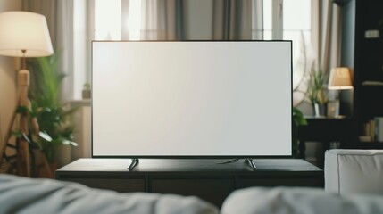 Modern flat-screen TV with a blank white screen, set against a stylish living room background