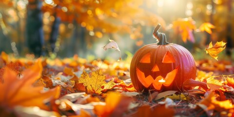 Close up of Halloween pumpkins in the park covered in autumn yellow leaves.