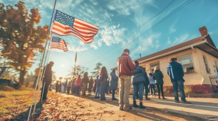 presidential elections in the USA. A diverse group of voters standing in line outside a polling station, with a clear blue sky and American flags flying above. Blurred image