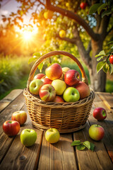 Rustic Basket of Fresh Apples on Wooden Table in Sunlit Orchard.