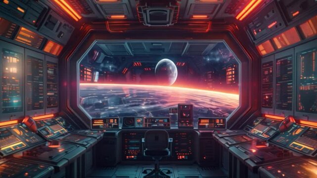 A futuristic control room with a large window overlooking Earth and a moon. The room is filled with monitors and control panels.