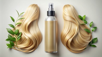 Obraz premium The Ultimate Haircare Solution Blonde Hair, Natural Spray Bottle, Green Leaves, White Background, hair care, hair products, beauty