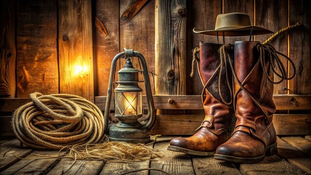 The Cowboy's Rest Lantern Light on Boots, Rope and Hat, rustic , western , cowboy , leather