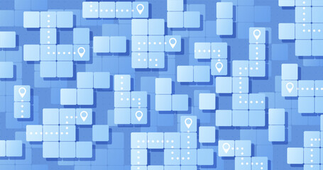 Navigation plan highlights way to point. Abstract concept of navigation on Squares background. Pins on Squares. Vector illustration