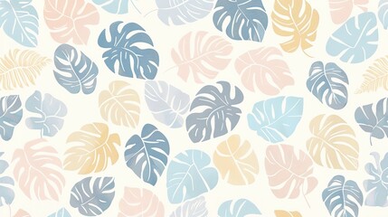 Watercolor Monstera Leaf Pattern In Pastel Blue, Pink, And Yellow