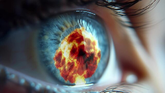 Nuclear explosion reflected in an eye.
Simulated nuclear explosion composited onto a human eye.