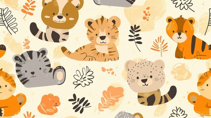 Cute Tiger and Animal Pattern On White Background