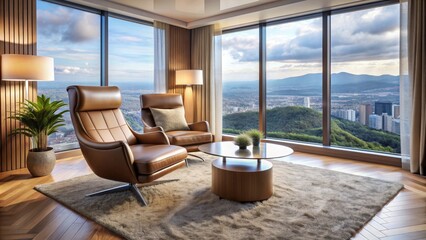 Obraz premium Two Brown Leather Armchairs Facing Each Other in a Modern Apartment with a City View, armchair, leather, city view, apartment