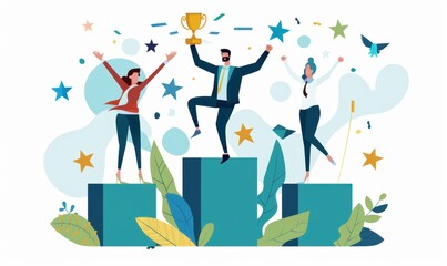 Digital illustration of business people celebrating on podiums with the first place cup Generative AI