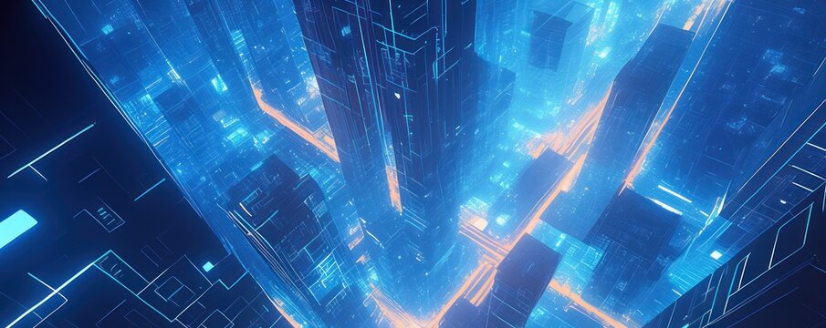 Futuristic cityscape in blue and orange hues showcasing digital architecture and neon lights, emphasizing advanced technology and innovation.