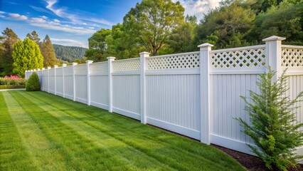 White Privacy Fence with Lattice Top, Backyard Landscape, Green Grass, Outdoor Design , fence, privacy, backyard
