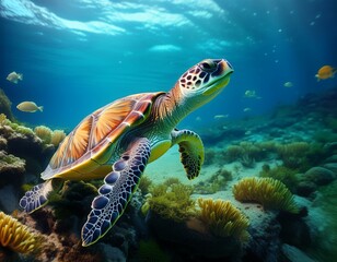 Obraz premium Schildkröte unter Wasser - Sonnenstrahlen und aquatische Pflanzen 