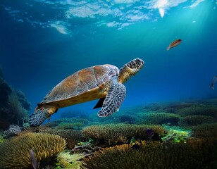 Fototapeta premium Unterwasserparadies: Schildkröte mit Fischen und Pflanzen im Sonnenlicht 