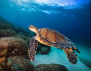 Obraz premium Realistische Unterwasseraufnahme: Eine Schildkröte im natürlichen Habitat 