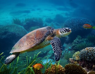 Obraz premium Schildkröte unter Wasser - Sonnenstrahlen und aquatische Pflanzen 