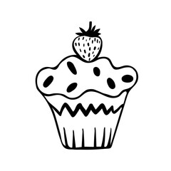 A cute hand-drawn muffin, a black and white  cupcake with a strawberry icon, a pastry doodle, a cake sketch
