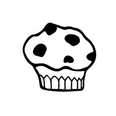 A cute hand-drawn muffin in black and white, a pastry doodle, a cake icon
