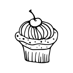 A cute hand-drawn muffin , a black and white  cupcake icon, a pastry doodle, a cake sketch