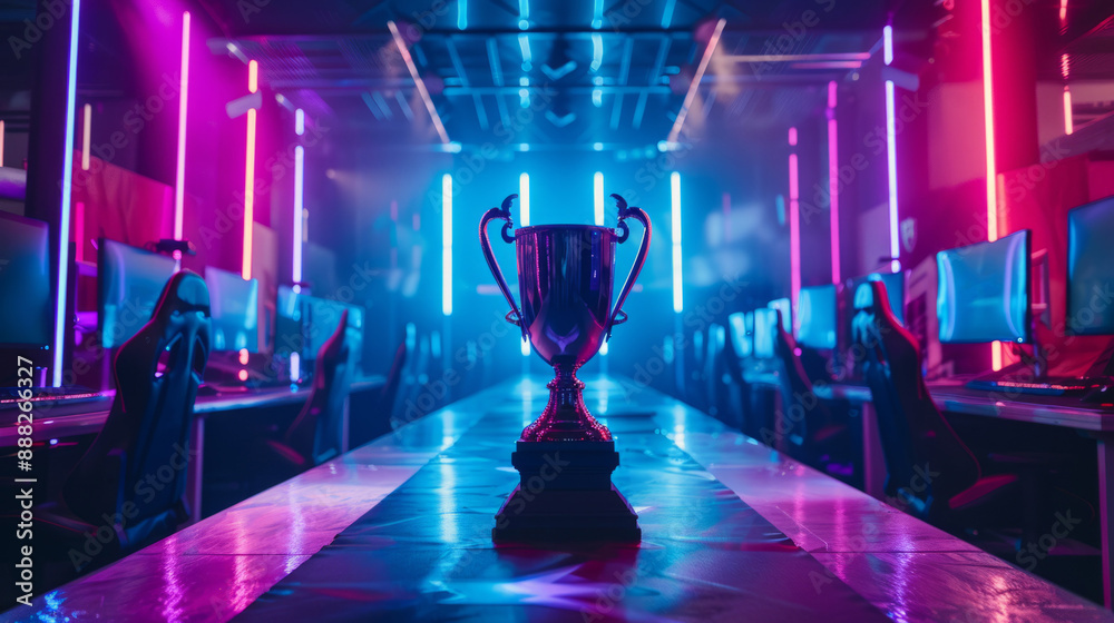 Poster a silver trophy sits on a long table in an esports arena, bathed in vibrant blue and pink neon light